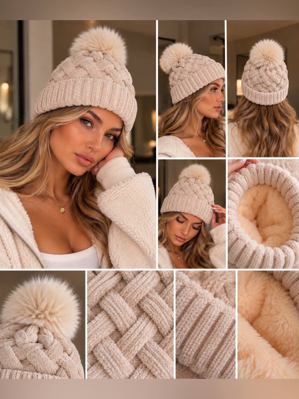 Cozy Cable Knit Pom Beanie - Beige